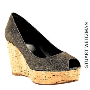 Stuart Weitzman Grey Lurex Glitter Anna Cork Wedge Platform Peep Toe Pumps 9.5